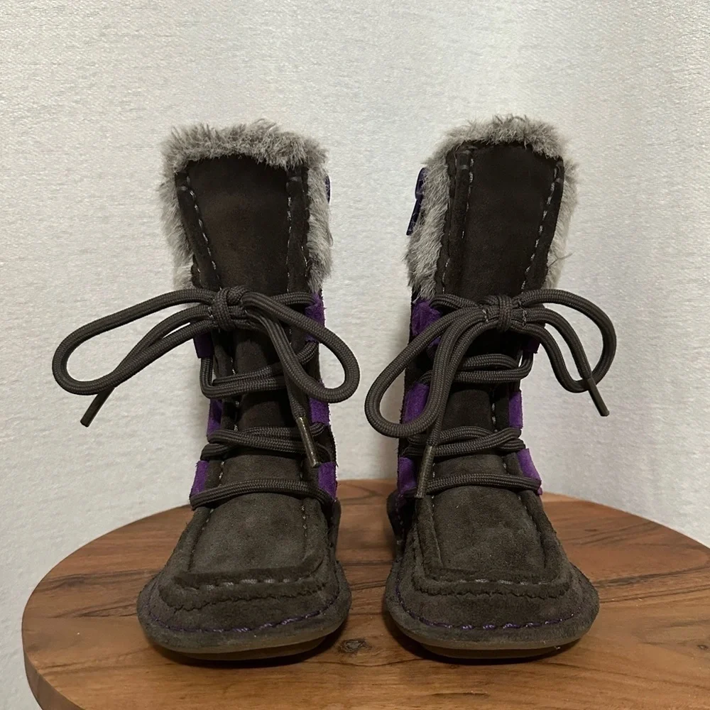 Clarks Girls Snugglewall Tall Suede Zip Lace Up Faux Fur Warm Winter Boots Sz 7